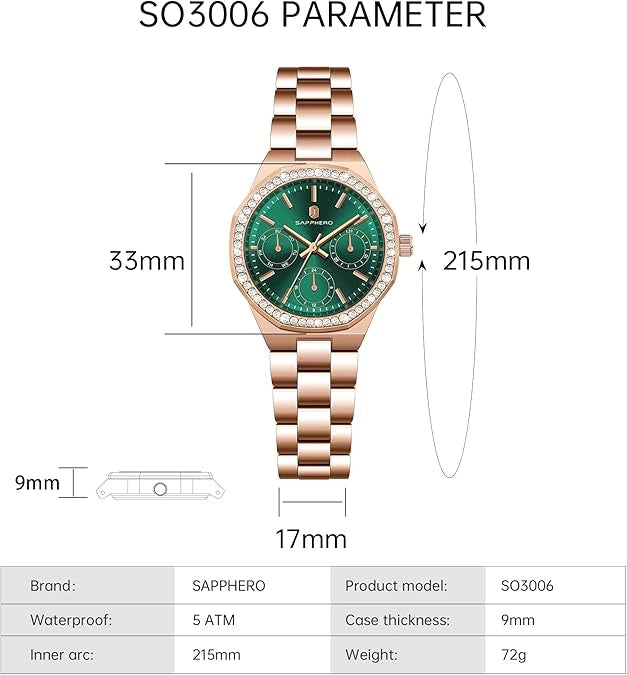 Relógio Feminino Sapphero Crystal Rose Green