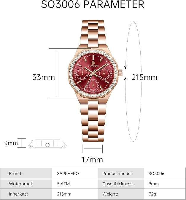 Relógio Feminino Sapphero Crystal Rose Red